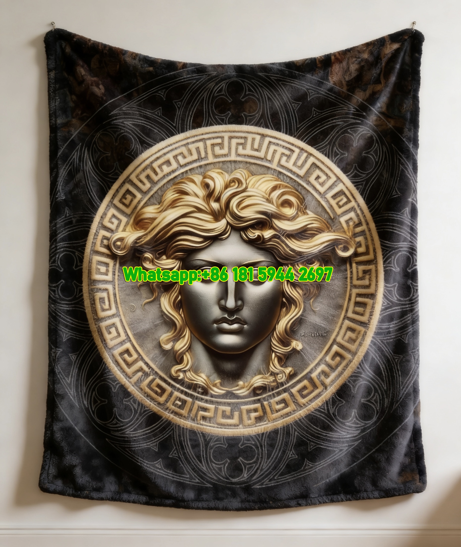 Versace Black Gold 3D Medusa Greek Key Coin Print Flannel Sofa Throw Blanket IMG_1417